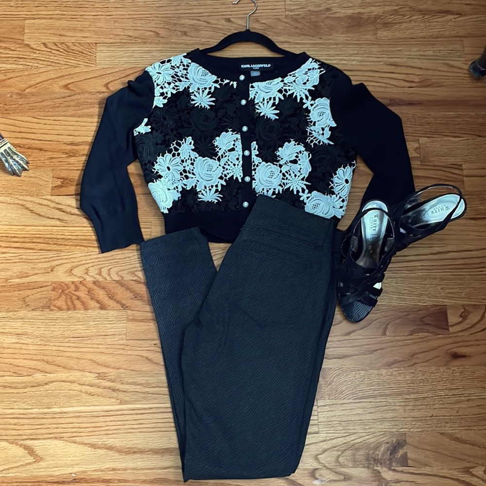 Karl Lagerfeld.  Black and white/cream lace sweater.